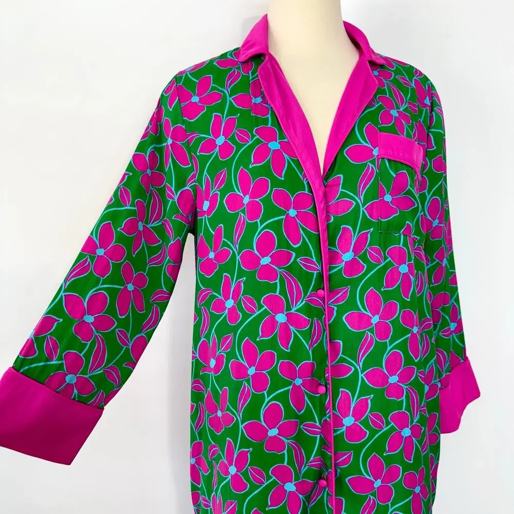 Kate Spade Floral Vines Sleep Shirt Pajama Lounge Dress Robe Kaftan Green/Pink M